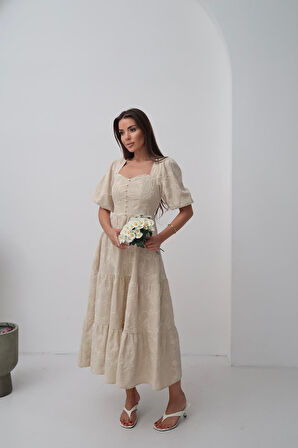 Reka Moda Bej Süs Düğmeli Balon Kollu Elbise