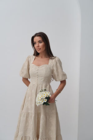 Reka Moda Bej Süs Düğmeli Balon Kollu Elbise