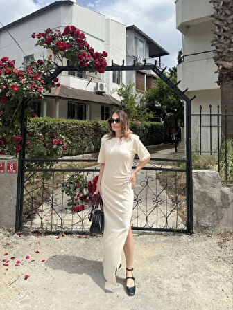 Reka Moda Kısa Kollu Uzun Yandan Yırtmaçlı Elbise - Beyaz