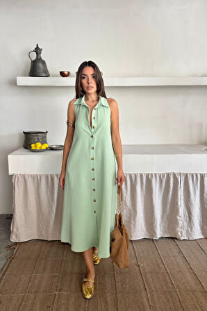 Reka Moda KETEN ÖNDEN DÜĞMELİ KOLSUZ GÖMLEK YAKA ELBİSE - Mint