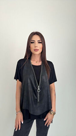 Reka Moda Kadın Kısa Kollu Yuvarlak Yaka Viskon Bluz + Kolsuz Fermuarlı çatlak Deri Yelek