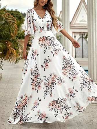 Reka Moda Kadın Kısa Kollu V Yakalı çiçek Desenli Süprem Elbise