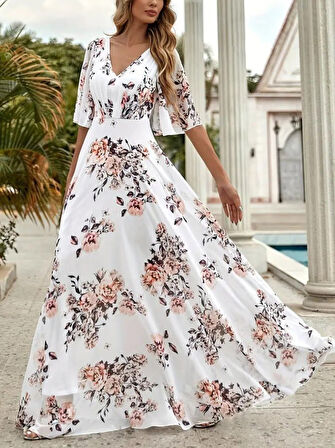 Reka Moda Kadın Kısa Kollu V Yakalı çiçek Desenli Süprem Elbise