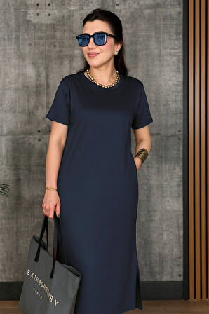 Reka Moda Kadın Kısa Kollu Bisiklet Yaka Yırtmaçlı Viskon Iki Iplik Elbise