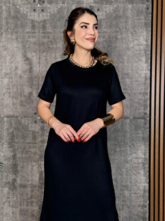 Reka Moda Kadın Kısa Kollu Bisiklet Yaka Yırtmaçlı Viskon Iki Iplik Elbise