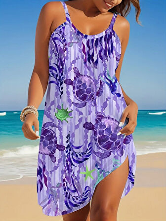 Reka Moda Kadın Askılı Yuvarlak Yaka Kaplumbağa Desenli Süprem Elbise