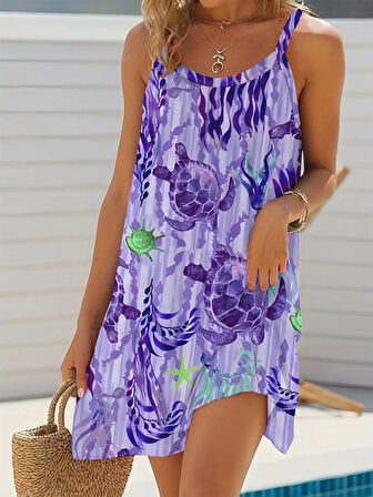 Reka Moda Kadın Askılı Yuvarlak Yaka Kaplumbağa Desenli Süprem Elbise