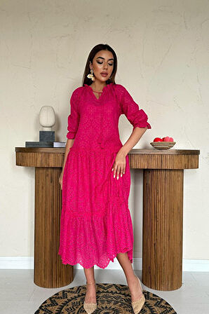 Reka Moda Fuşya Dantelli New Elbise