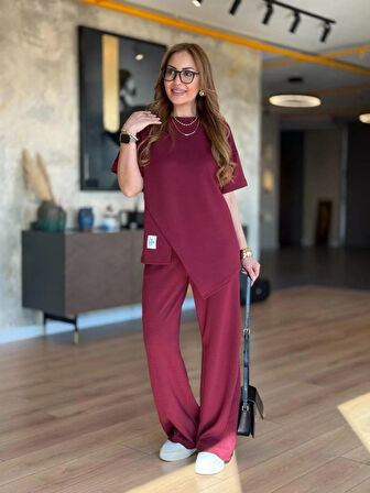 Reka Moda Kadın Kısa Kollu Bisiklet Yaka Asimetrik Viskon Iki Iplik Bluz Ve Pantolon Ikili Takım