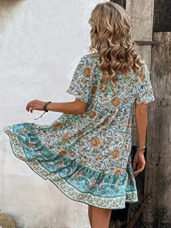 Reka Moda Kadın Kısa Kollu Yakası Bağcıklı önden Düğmeli Fırfır Desenli Süprem Elbise