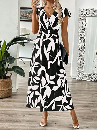 Reka Moda Kadın Kısa Kelebek Kollu Kruvaze Yaka Desenli Süprem Elbise