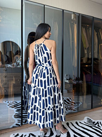 Reka Moda Kadın Viskon Kumaş Ip Askılı Halter Yaka Cepli Midi Boy Elbise