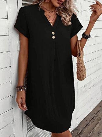 Reka Moda Kadın Kısa Kollu V Yakalı Düğmeli Müslim Kısa Elbise