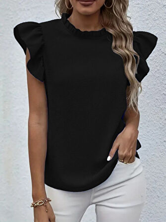 Reka Moda Kadın Kısa Kollu Fırfır Yakalı Bürümcük Bluz