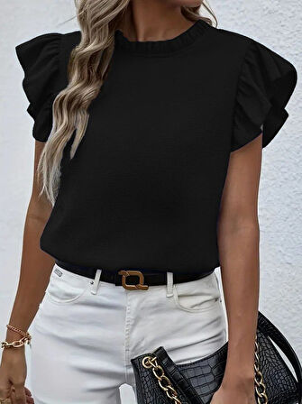 Reka Moda Kadın Kısa Kollu Fırfır Yakalı Bürümcük Bluz