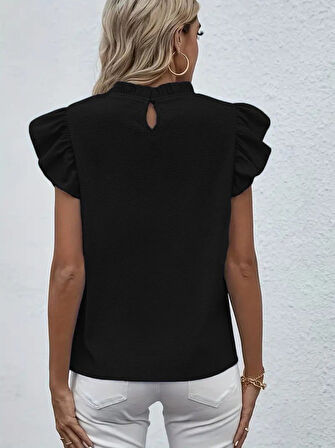 Reka Moda Kadın Kısa Kollu Fırfır Yakalı Bürümcük Bluz