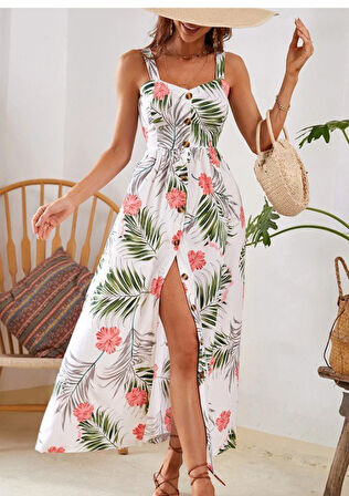 Reka Moda Kadın Askılı önden Düğmeli Yaprak Desenli Uzun Süprem Elbise