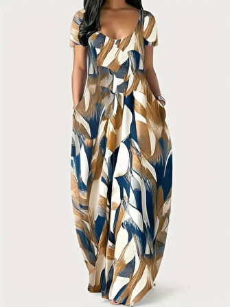 Reka Moda Kadın Kısa Kollu Yuvarlak Yaka Cepli Salaş Baskılı Süprem Elbise