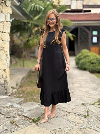 Reka Moda Kadın Omuzlardan Büzgülü Kayık Yaka Fırfırlı Janjan Krep Elbise