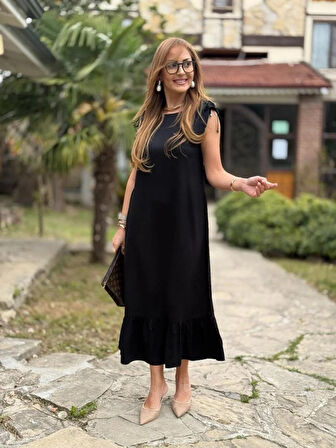 Reka Moda Kadın Omuzlardan Büzgülü Kayık Yaka Fırfırlı Janjan Krep Elbise