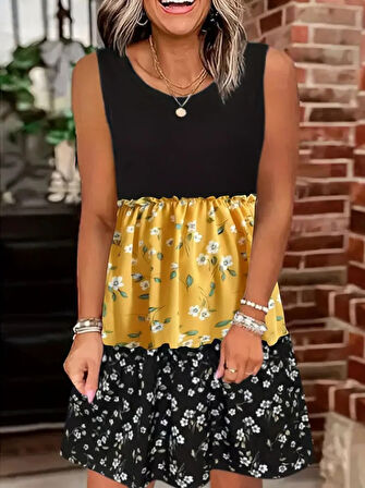 Reka Moda Kadın Askılı Yuvarlak Yaka çiçek Baskılı Salaş Süprem Elbise