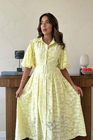 Reka Moda Sarı Kemerli Balon Kollu Elbise