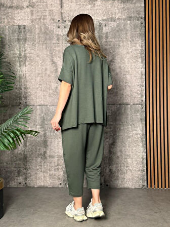 Reka Moda Kadın Kısa Kollu Bisiklet Yaka Viskon Iki Iplik Bluz Ve Pantolon Ikili Takım