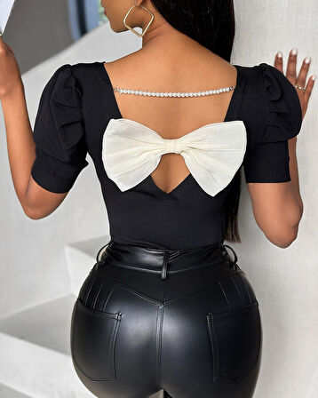 Reka Moda Kadın Kısa Kollu Sırt Inci Ve Kurdela Detay Karpuz Kol Yerli Krep Bluz. 109 Adet Standart 