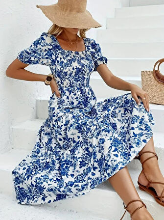 Reka Moda Kadın Kısa Kollu Kare Yakalı Lastikli Desenli Süprem Elbise