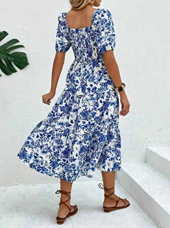 Reka Moda Kadın Kısa Kollu Kare Yakalı Lastikli Desenli Süprem Elbise