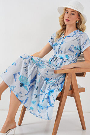 Reka Moda Desenli Kısa Kol Elbise 2558 - Mavi