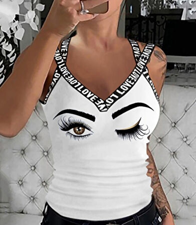 Reka Moda Kadın çapraz şeritli Göz Baskılı Viskon Bluz