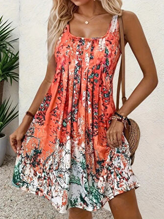 Reka Moda Kadın Sıfır Kollu Kare Yaka önden Pileli Salaş Süprem Elbise