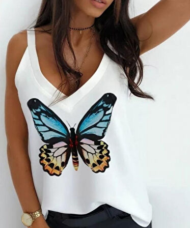 Reka Moda Kadın Kelebek Baskılı Sandy Kumaş Askılı Bluz