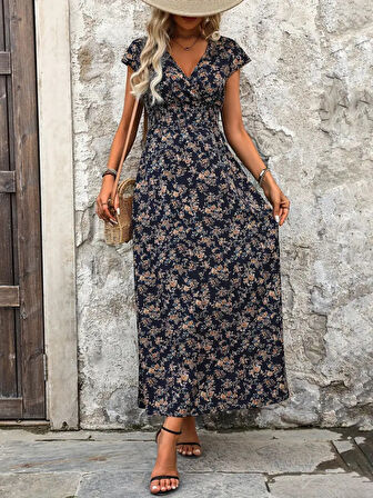 Reka Moda Kadın Kısa Kollu Kruvaze Yakalı çiçek Desenli Belden Lastikli Süprem Uzun Elbise