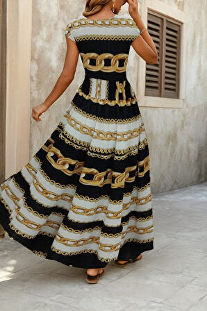 Reka Moda Kadın Kısa Kollu Kruvaze Yaka Beli Lastikli Süprem Maksi Boy Elbise