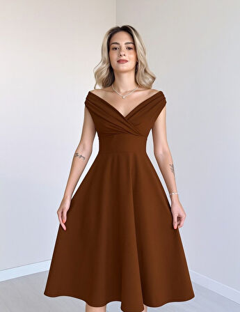 Reka Moda Kadın Kısa Kollu Kruvaze Yaka Eteği Volanlı Krep Elbise