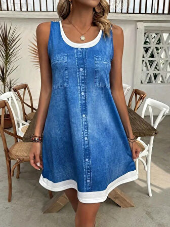 Reka Moda Kadın Askılı Yuvarlak Yakalı Kot Görünümlü Kısa Süprem Elbise