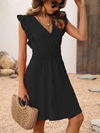 Reka Moda Kadın Kısa Kollu Kruvaze Yakalı Beli Lastikli Aerobin Elbise