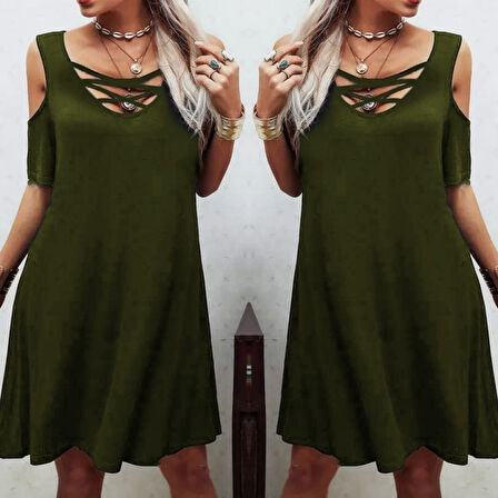 Reka Moda Dekolteli Bağcık Detay Viskon Kumaş Elbise