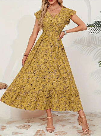 Reka Moda Kadın Kısa Kollu Kruvaze Yaka Beli Lastikli çiçek Desenli Elbise