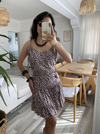 Reka Moda Kadın Askılı V Yaka Beli Pileli Leopar Desen Eteği Fırfırlı Süprem Elbise