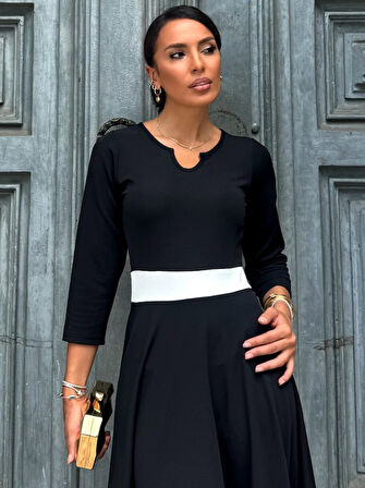 Reka Moda Kadın Truvakarkol Yakası Açık Blok Renkli Krep Midi Elbise