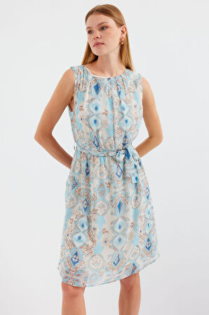Reka Moda 2501 Desenli Sıfır Kol Şifon Elbise - Mavi