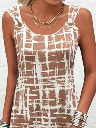 Reka Moda Kadın Askılı Kuş Gözü Detaylı Desenli Süprem Elbise