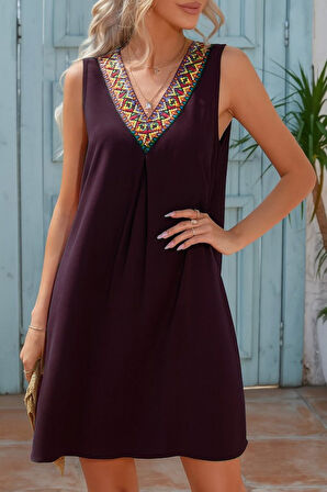 Reka Moda Kadın Sıfır Kol şerit Detaylı V Yaka Viskon Elbise