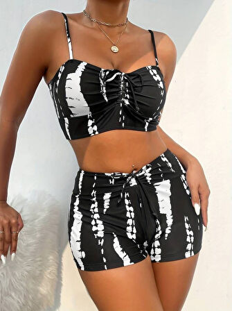 Reka Moda Kadın Büzgü Detay Askılı Crop Mini Tayt Ikili Takım