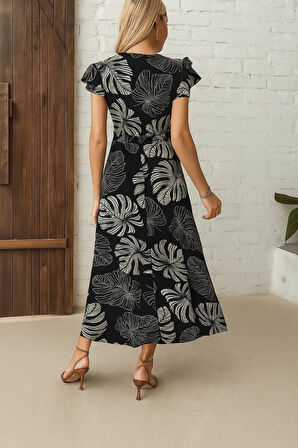 Reka Moda Kadın Kısa Kollu V Yakalı Desenli Yandan Yırtmaçlı Süprem Elbise