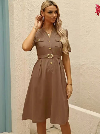 Reka Moda Kadın Kısa Kollu Düğmeli Ve Kemerli Atlas Elbise