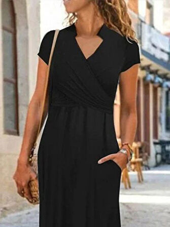 Reka Moda Kadın Kısa Kollu Hakim V Yaka Viskon Elbise